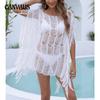 Summer Women's Cover Up Beach Plus Size Tassel Shirt One Neck Irregular Hollow Out Dresses Bikini Swimwear Beach Smock
