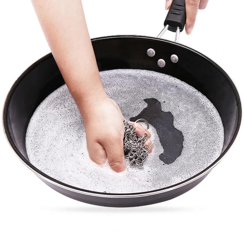 Круглый очиститель для сковород из нержавеющей стали с подвесным кольцом, практичный и эффективный, скребок для чистки кольчуги, кухонный доступ