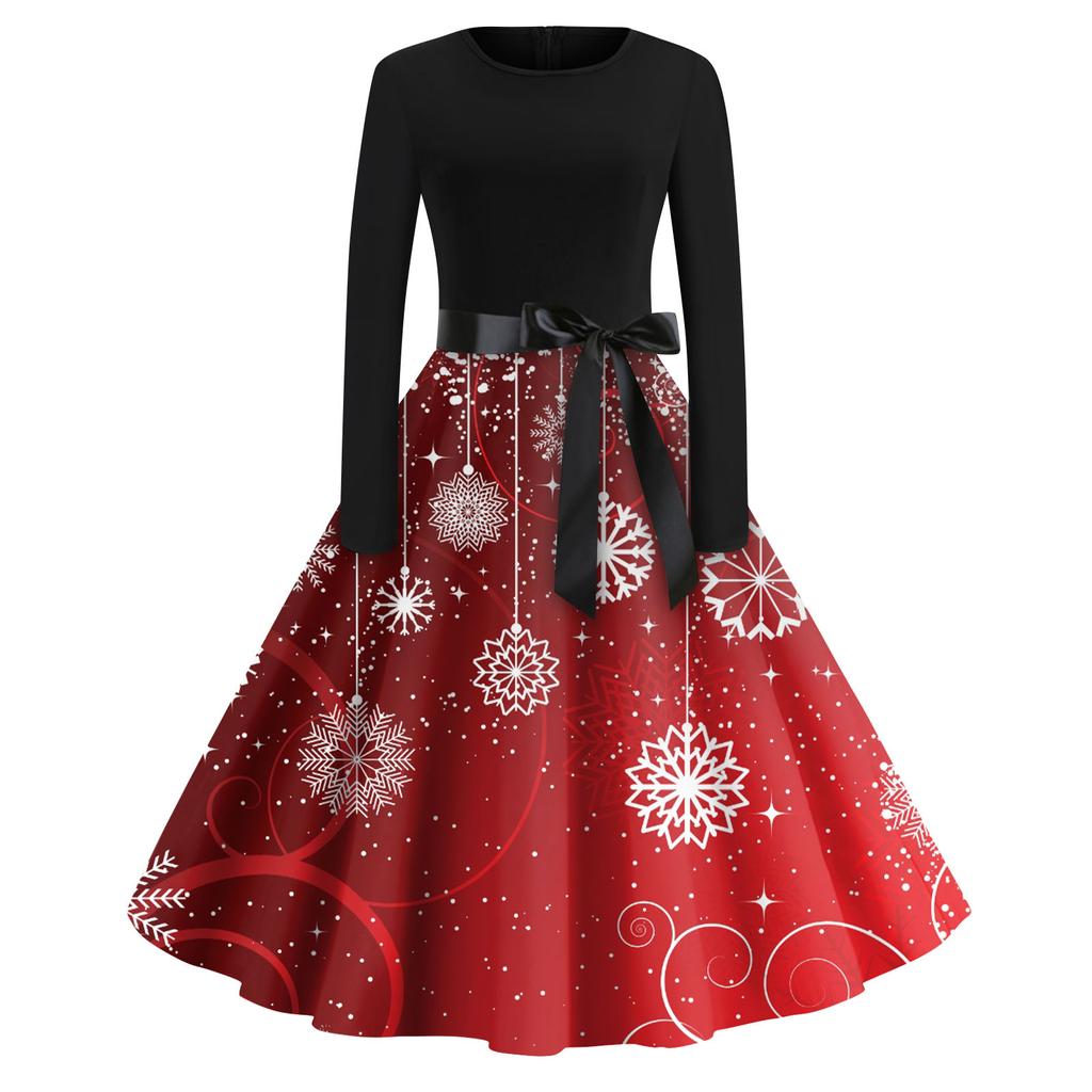 Женская мода с круглым вырезом, повседневные тонкие рождественские платья с длинным рукавом и принтом