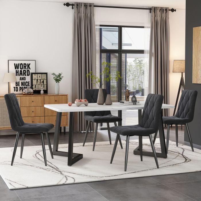 Table à manger - MUVOE - Rectangulaire - 4 places - Velours gris foncé - Pieds noirs