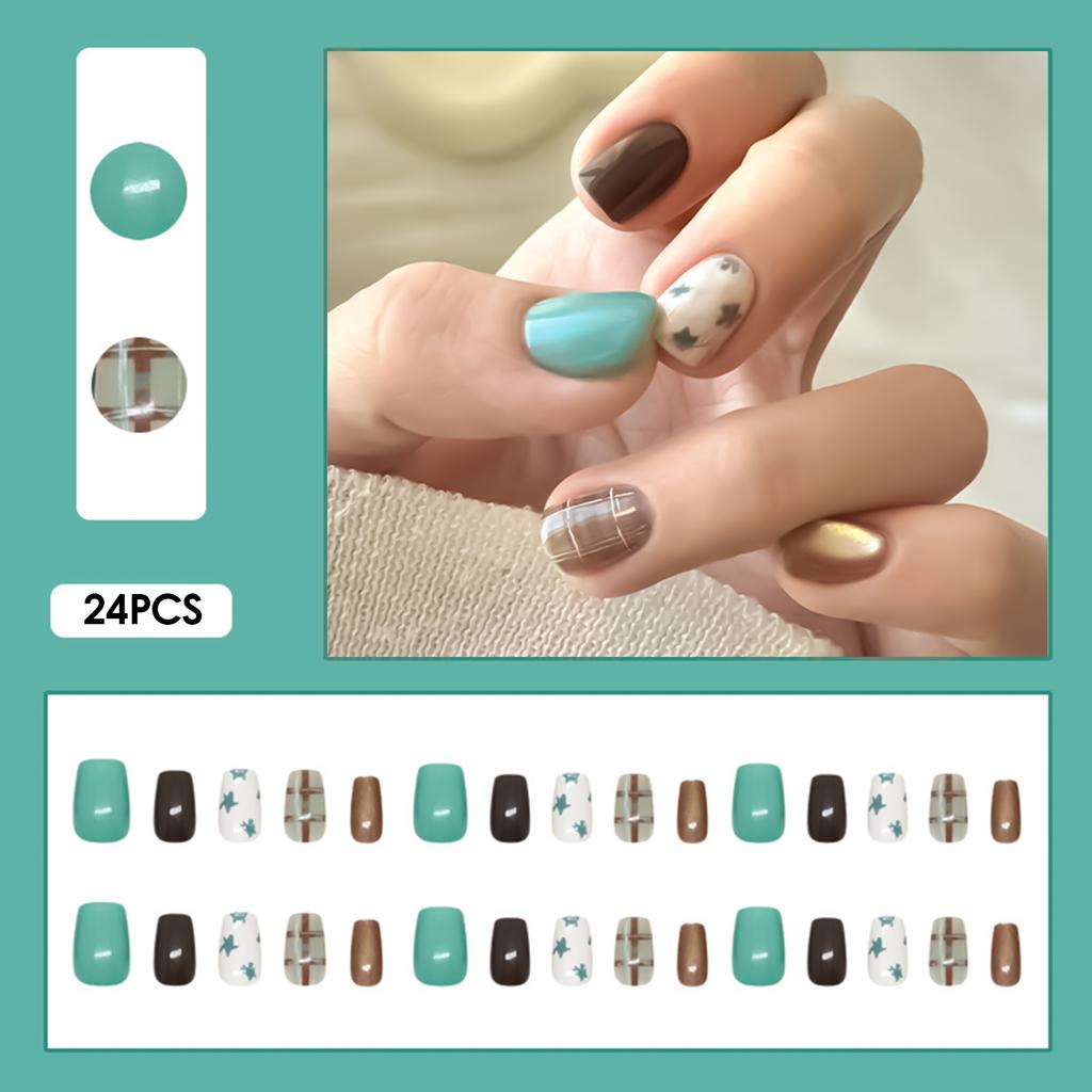 MY127 Brown Green Plaid Cat Eye Fake Nails 30pcs