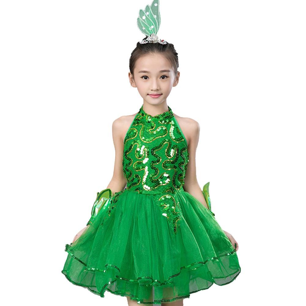 Green Sequin Children Ballet Dance Dress with Headwear Wristband Puffy Dress Kids Girls