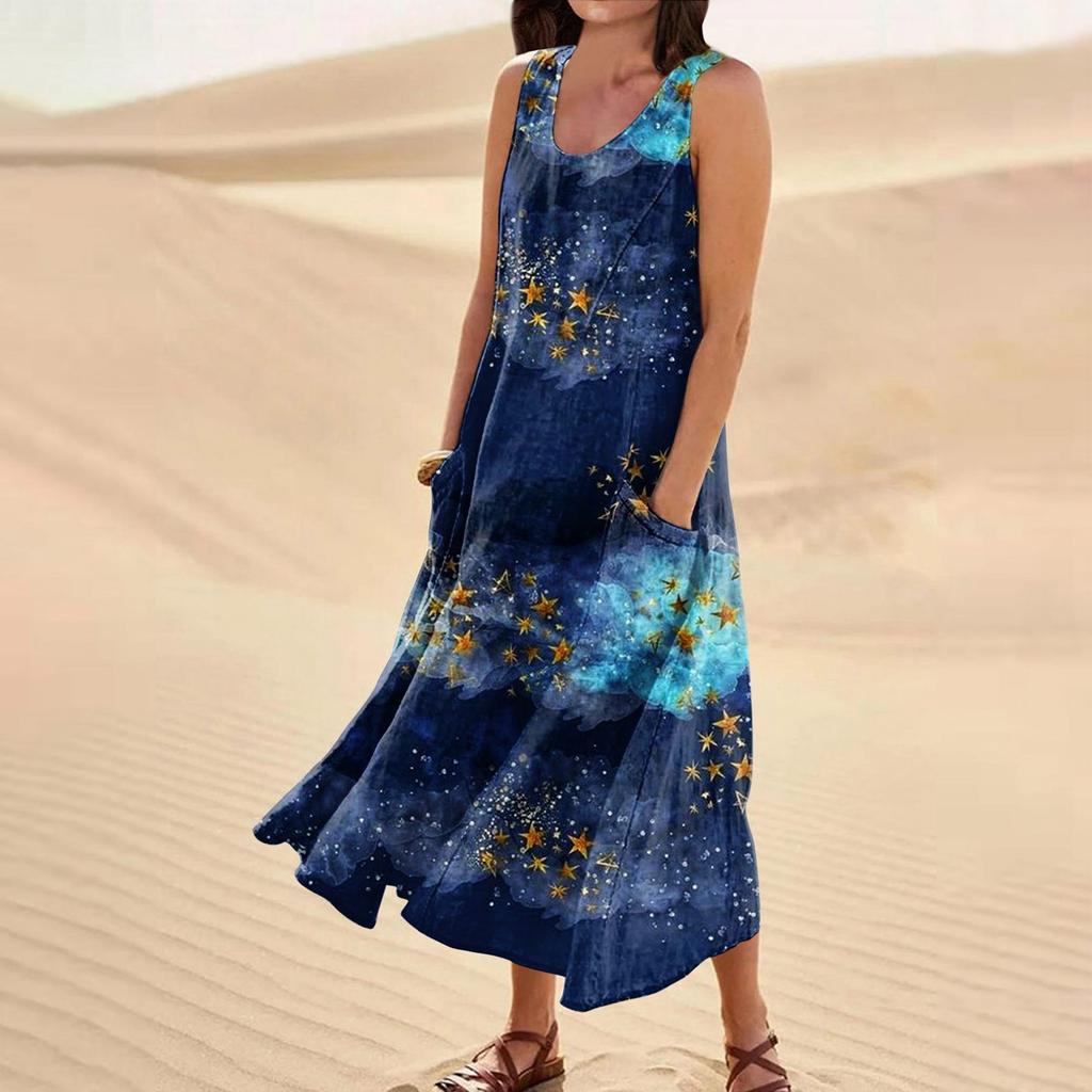 Женское летнее свободное свободное платье без рукавов с круглым вырезом и звездами в стиле пэчворк с цветным принтом и карманом