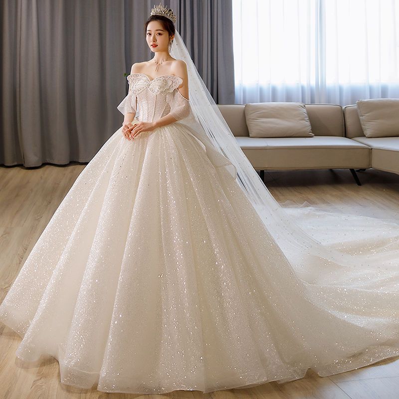 Французский бант Свадебное платье без бретелек - Сверкающее роскошное свадебное платье, Принцесса бальное платье из блестящего тюля с корсетом