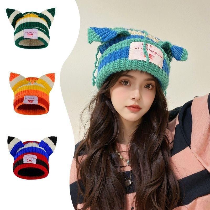 1PC Spliced Colors Fashionable Knitted Hat Keep Warm Gathering Take Photos Pig Ears Thickened Cute Festival New Style