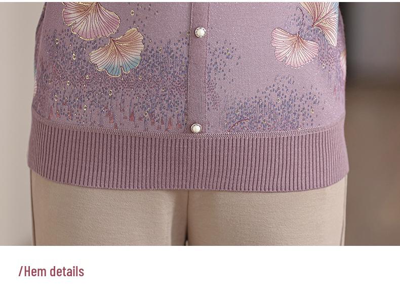 Женская осенняя вязаная футболка с принтом и лацканами - с длинным рукавом, свободная, модная, универсальная для женщин среднего и пожилого возраста