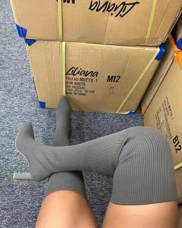 Женские сапоги выше колена Зимние вязаные эластичные носки до бедра Теплые сексуальные туфли на шпильках Острые длинные сапоги 35-43 botas mujer