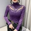 Spring Autumn New Women's Tops Tshirt Fashion Casual Turtleneck Long Sleeve Tees Sexy Hollow Out Hot Diamonds Mesh T-Shirts