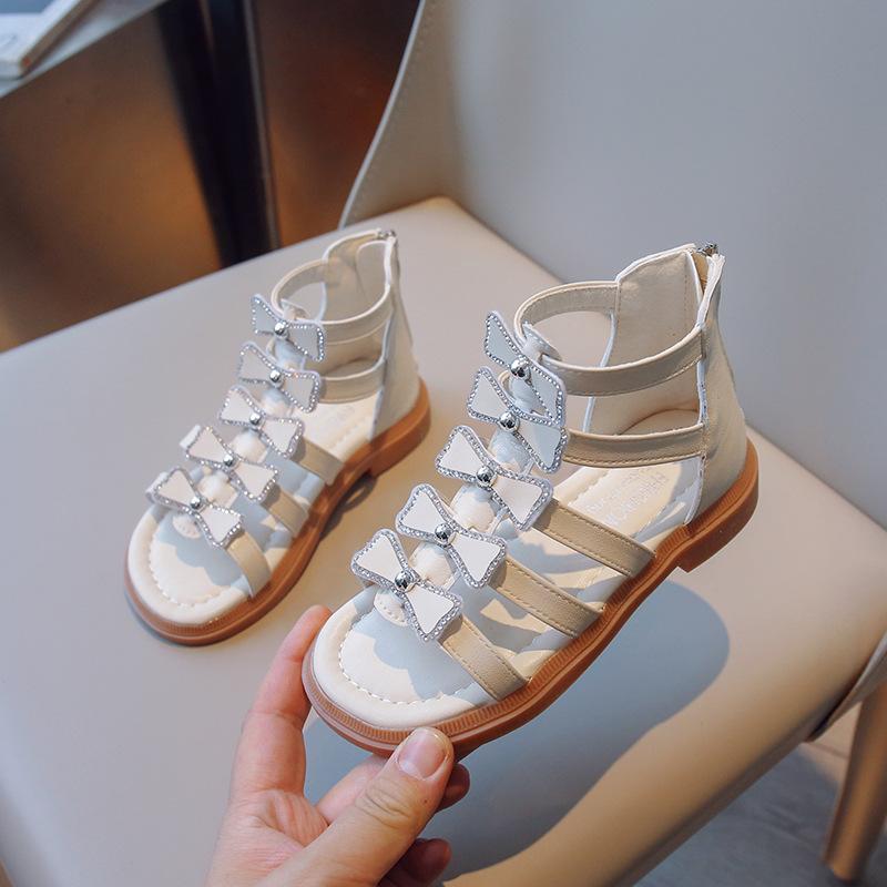 Sandalias Gril Shoes 2024 Лето Новые Детские Римские Туфли Сандалии для Девочек Корейские Открытые Туфли Принцессы Сандалии Бантом Для Девочек