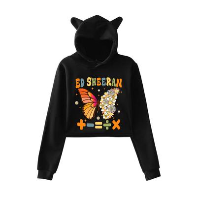 Модный худи кроп-топ с принтом Эда Ширана в стиле каваи, забавный укороченный свитшот с кошачьими ушками, пуловер с капюшоном, женские топы, уличная одежда