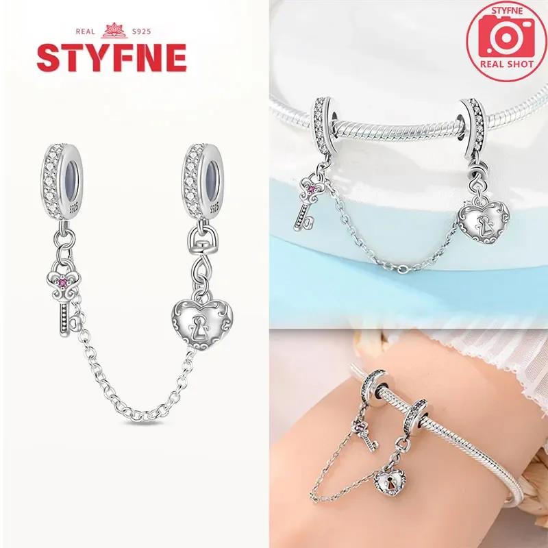 Real Silver 925 Star and Moon Flower Heart Safety Chain Wearable Jewelry Gift Bracelet DIY Beads for Women