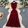 High-end Knitted Splicing Irregular Mesh Dress Women's Summer French Waist and Thin Temperament Sleeveless Long Dress