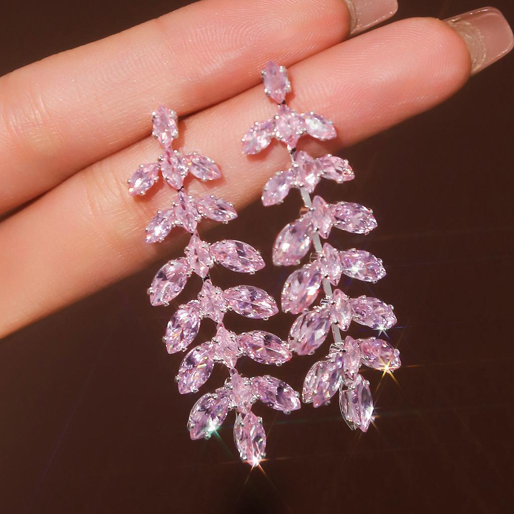 2pcs Fashionable and High-end Long Tassel Full Zircon Leaf Earrings for Women's Banquet Dress Accessories