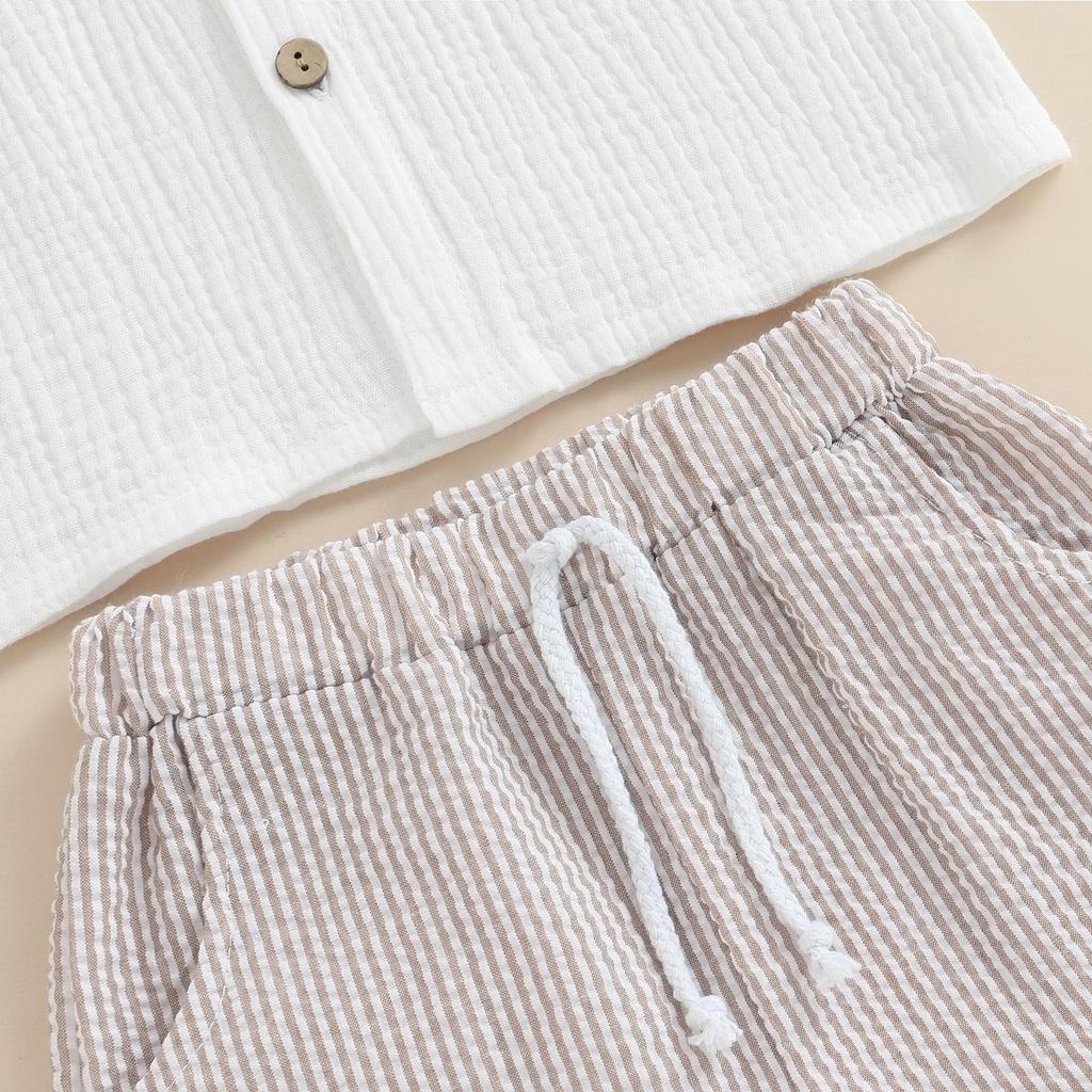 Kids Boys Summer 2-Piece Outfits Short Sleeve Button-Down T-Shirt and Elastic Vertical Stripe Shorts Set