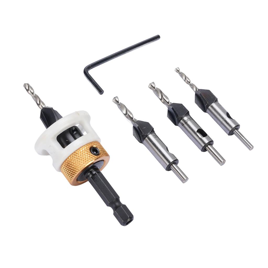 Набор зенковочных сверл по дереву 4 шт. 4 спиральных канавки хвостовик 6,25 мм регулируемая глубина ступенчатое сверло