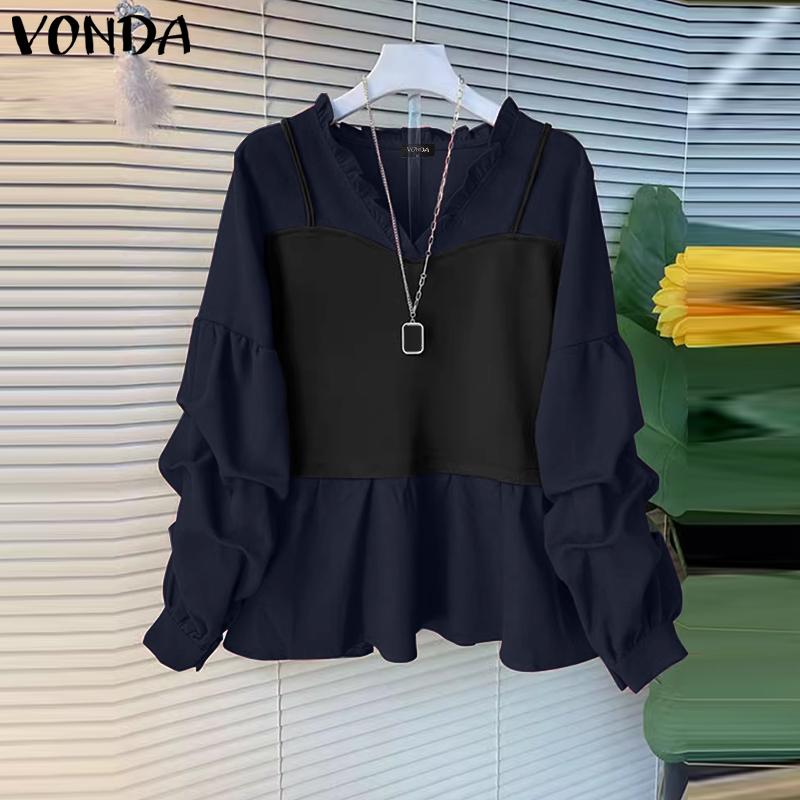 VONDA Women Casual Contrast Color Fake Two Piece V Neck Long Sleeve Blouses