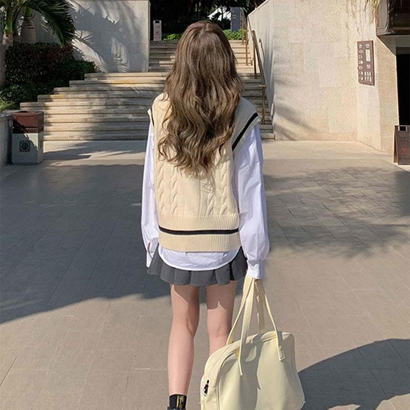 Вязаный свитер в консервативном стиле, жилет с v-образным вырезом, большой размер, корейский модный молодежный джемпер без рукавов, повседневный белый женский пуловер
