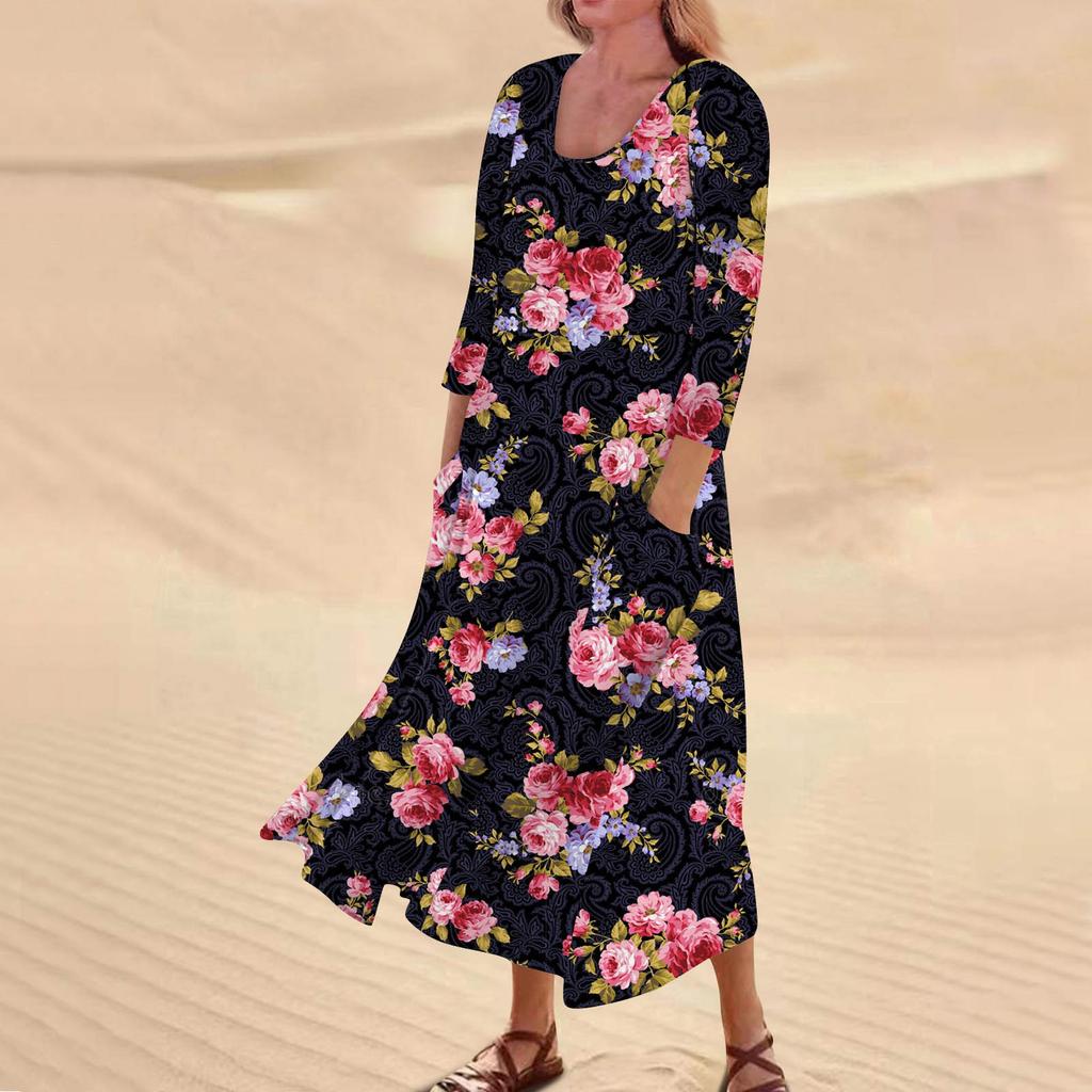 Женское повседневное модное удобное платье с карманами и рукавами 3/4 с принтом