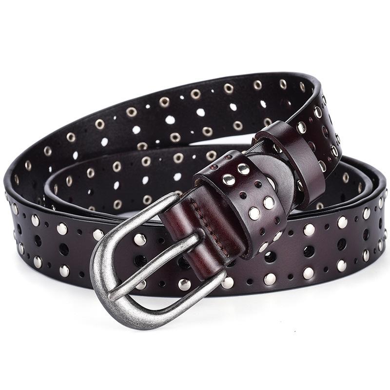 Women'S Pin Buckle Belt Punk Style Cowhide Leather Belt Trend Willow Nails Kuaishou