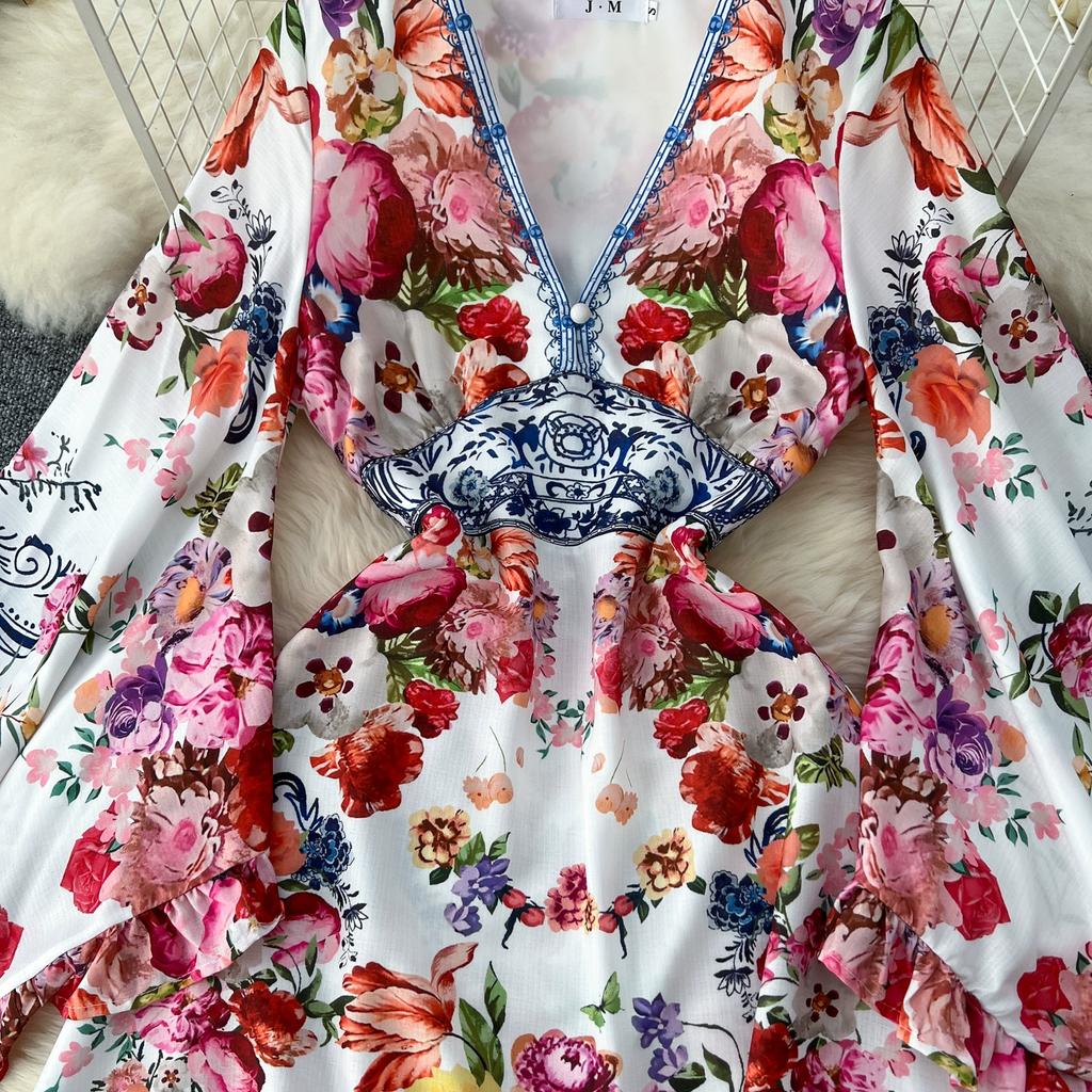 Весна Осень Женские Винтажные Принты V-образный вырез Расклешенные Рукава Длинные Макси Праздничные Пляжные Платья