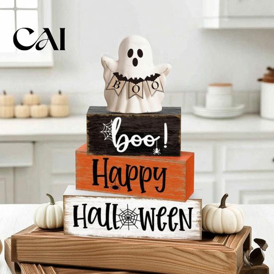 Orange And Black Party Props Halloween Ghost Decoration, Wooden Sign Tiered Tray Ornament, Farmhouse Desktop Festive Ornaments Tabletop Centerpiece