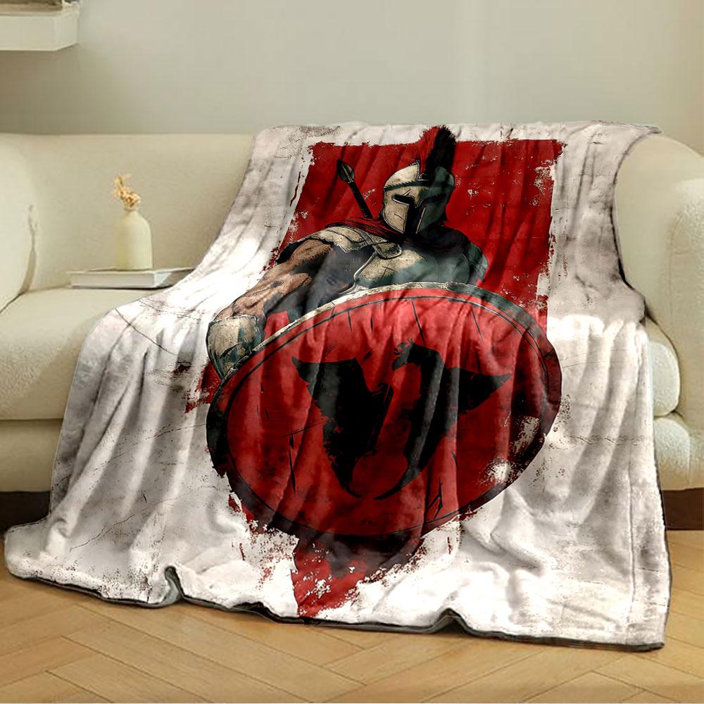 A Spartan warrior in armor holds a red shield with a black emblem. for all seasons blanket lunch break throw gift