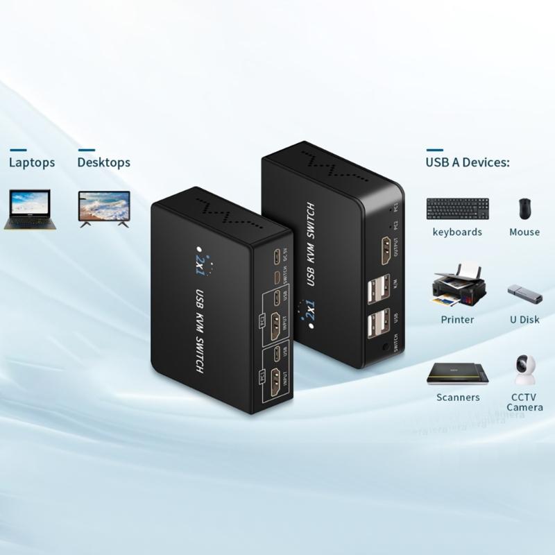 HDTV KVM Переключатель 2 входа 1 выход 4K 60 Гц Общий доступ к USB-клавиатуре и мыши Селектор-переключатель 4K 60 Гц Для ПК Ноутбука Офиса