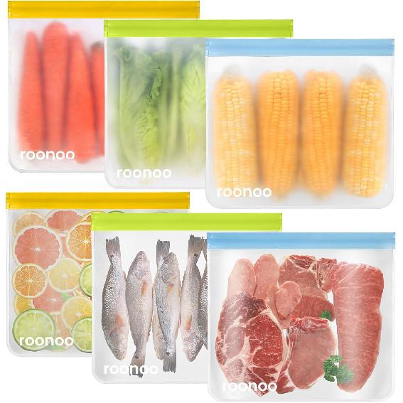 6 Pack Dishwasher Safe Reble Gallon Freezer Bags Food Storage Bags, Extra Thick Leakproof Silicone & Plastic Free Ziplock Bags for Meal Prep, Fruits,