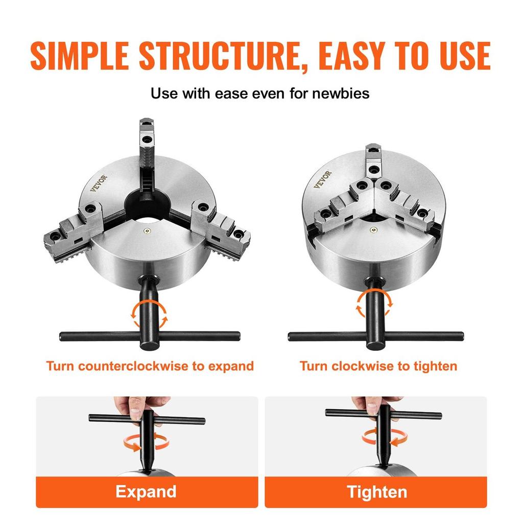 3-Jaw Lathe Chuck, 10'', Self-Centering Lathe Chuck, 0.24-9.84 in/6-250 mm Clamping Range with T-key Fixing Screws Hexagon Wrench, for Lathe 3D