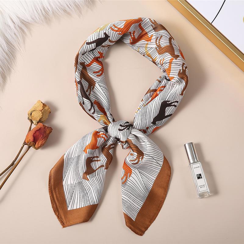 Luxury Spring New Imitated Silk Scarf Women Fashion 70cm Print Square Scarf Soft Satin Headband Shawl Wrap Hijab Foulard Ribbon