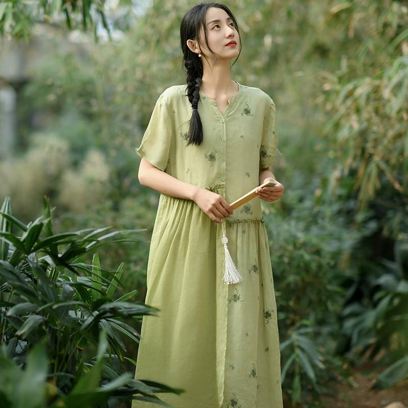 Johnature Женское винтажное платье с v-образным вырезом и коротким рукавом, лоскутное платье с цветочной вышивкой, летнее платье трапециевидной формы в китайском стиле