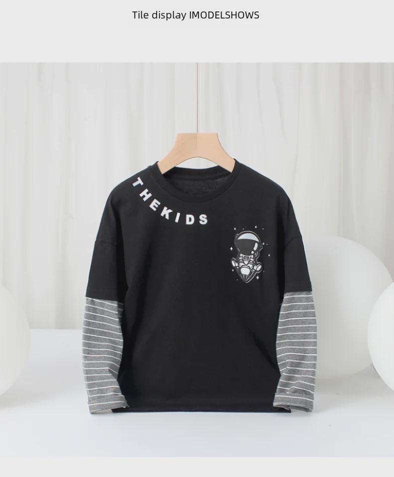 Футболки из двух частей для детей в корейском стиле с длинными рукавами и круглым вырезом для мальчиков на весну и осень