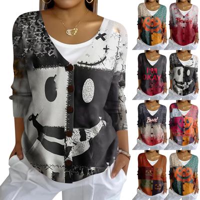 Женский модный повседневный вязаный свитер на пуговицах, кардиган-жакет с принтом на Хэллоуин