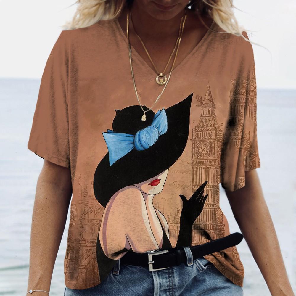 S-5XL Большие размеры Топы с принтом Женская футболка Сексуальный V-образный вырез Короткий рукав Летние женские топы Одежда Уличная мода Женские пуловеры