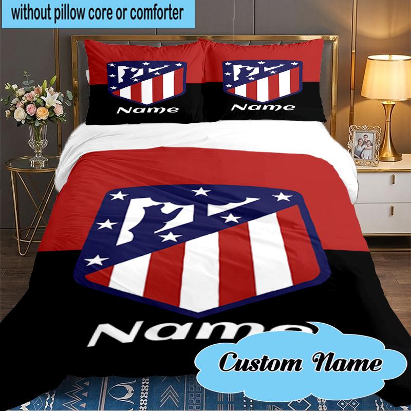Custom Name Atletico Madrid Crest Bedding Set 3pcs, Bedding Set Including 1pc Duvet Cover And 2pcs Pillowcases for Bedroom, Dormitory Gift