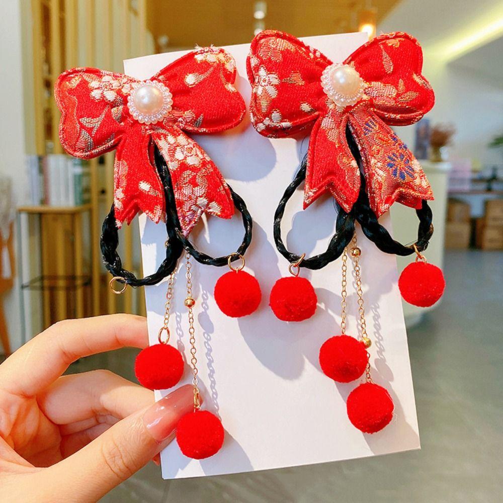 2 шт. кисточка новогодний головной убор китайский стиль красный парик коса шпилька детская заколка для волос