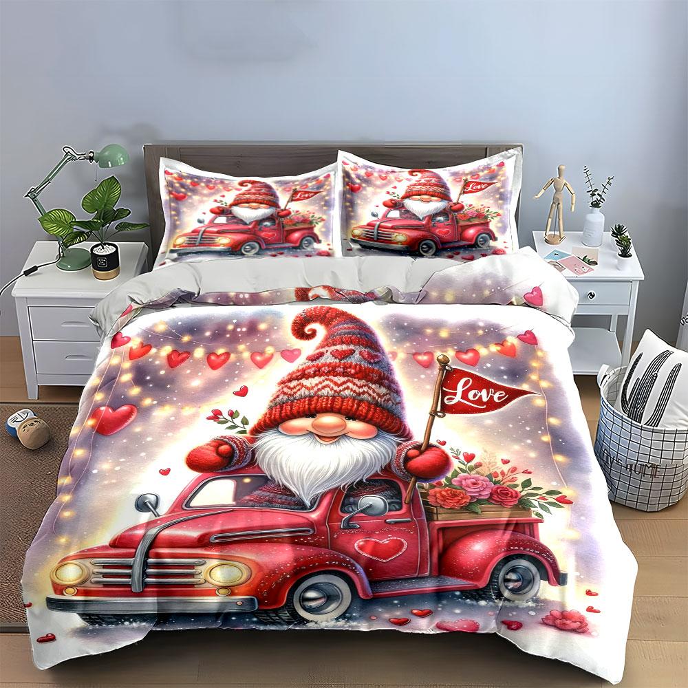 Valentine Gnome in Red Truck Bedding Duvet Cover Set (1*Duvet Cover 2*Pillowcases, without duvet insert)