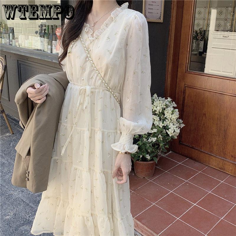 Весенне-осеннее женское платье в нежном стиле, платье средней длины, дизайн, маленькая шифоновая юбка с цветком