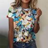 Women's 3D Butterfly Printed T-shirt, Colorful Insect Pattern T-shirt, Summer Casual Shorts, Round Neck Loose Sleeve T-shirt