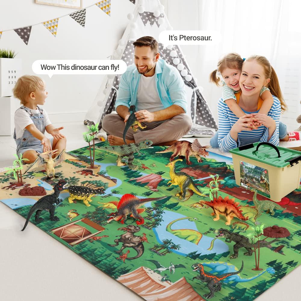 Dinosaur Toys 12 PCs Realistic Dinosaur Figures Figure Toy Storage Box with Jumbo Play Mat Information Dinosaur Book Educational Dinosaur Figure Play