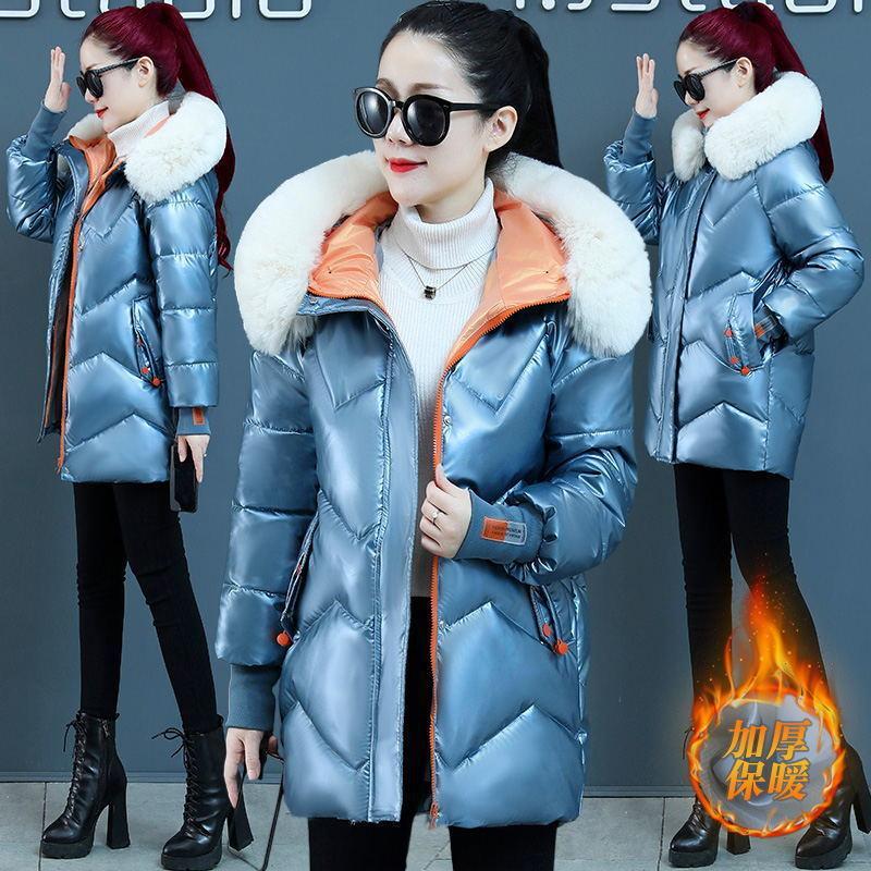 Яркий кожаный пуховик для женщин, свободный крой, большой воротник с капюшоном, теплое и толстое женское пальто