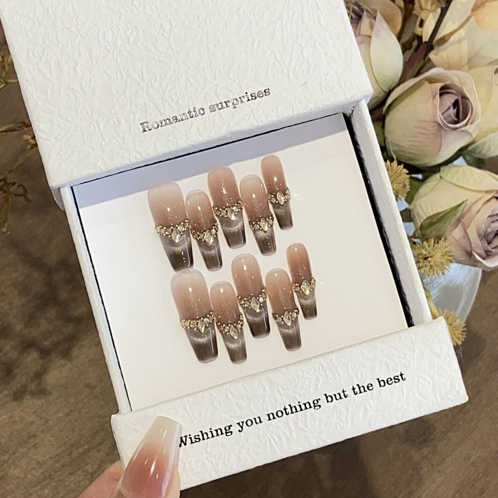 Premium Maillard Blush French Cat Eye Champagne Crushed Diamond Cold Coffee Mocha Patch Wear Armor