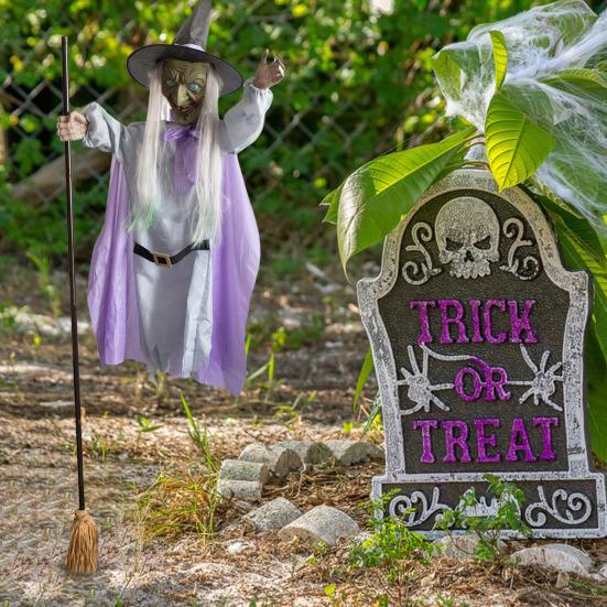 6 FT Halloween Flying Witch Decor Animated Hovering Witch with Scary Sound And Light-up Eyes for Outdoor Garden Yard Lawn Decoration