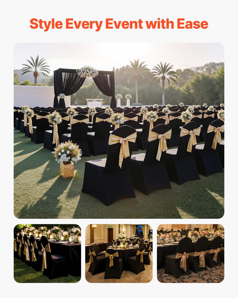 VEVOR 150 Pcs Black Chair Covers, Polyester Spandex Chair Cover, Stretch Slipcovers for Wedding Party Dining Banquet Flat-Front Chair Covers