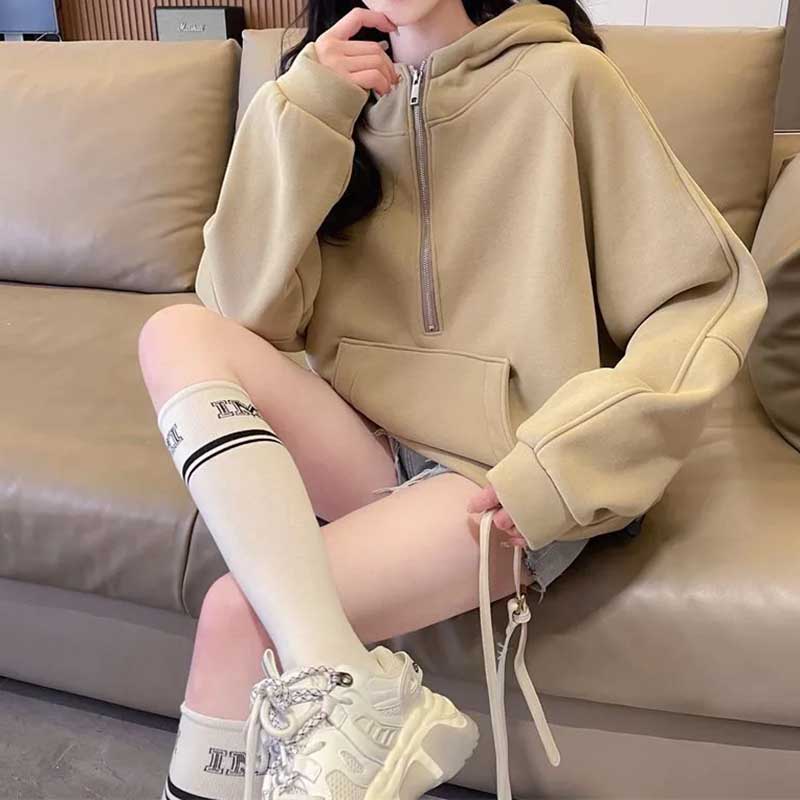 Женский свитшот Хлопок Однотонный С капюшоном Утепленный Свободный Круглый вырез Повседневный Пуловер С длинным рукавом Топ Свитшот