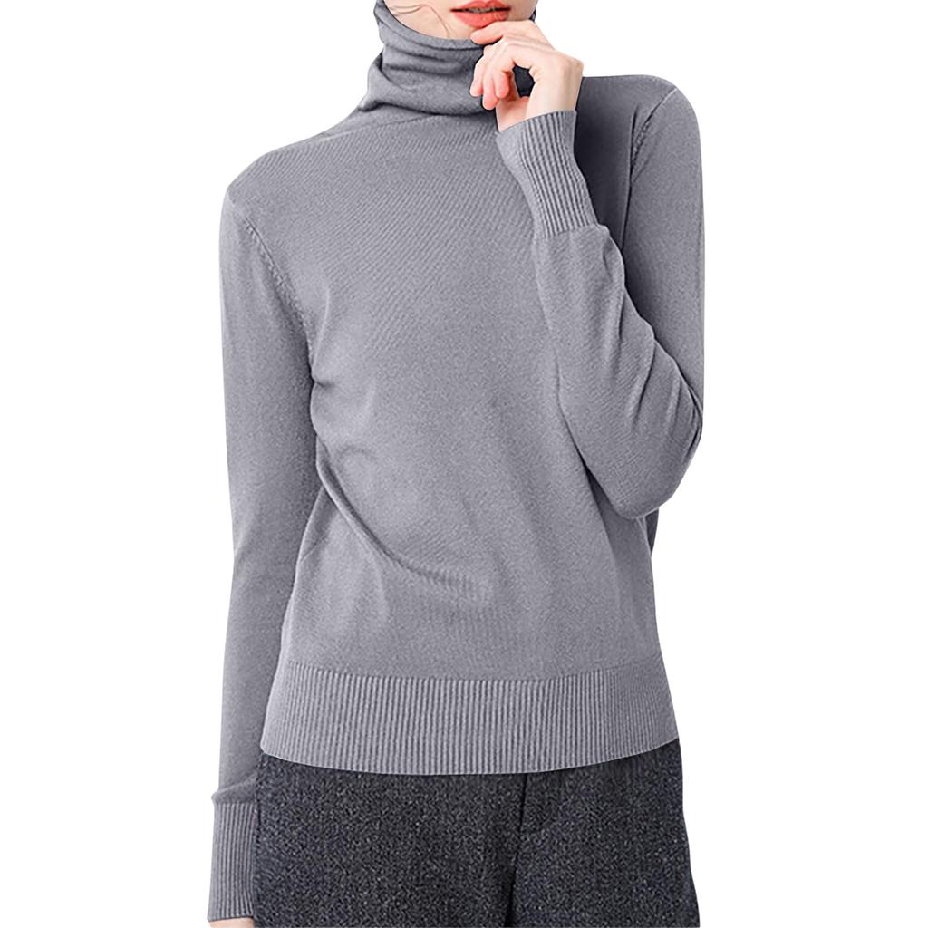 Женский повседневный и модный вязаный топ с воротником-стойкой, однотонный, с длинными рукавами