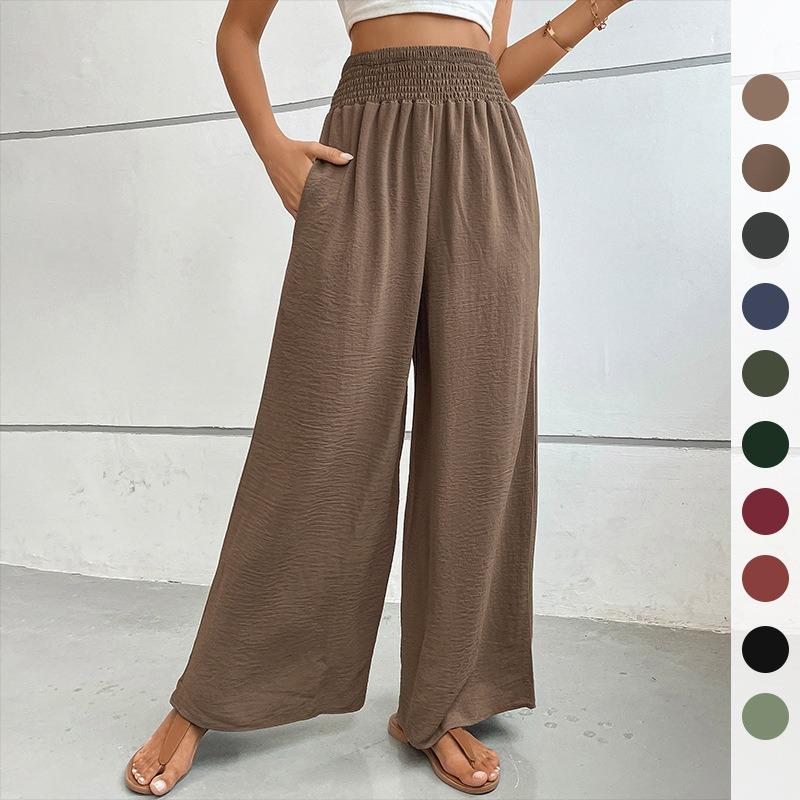 High-waist Casual Simple Solid Color Elastic Waist Loose Wide-leg Pants