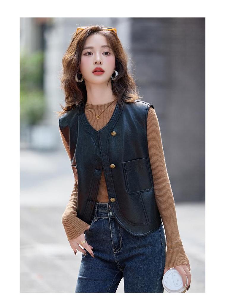 Women's Short Sheepskin Leather Motorcycle Vest - Autumn/Winter Korean Style Outerwear