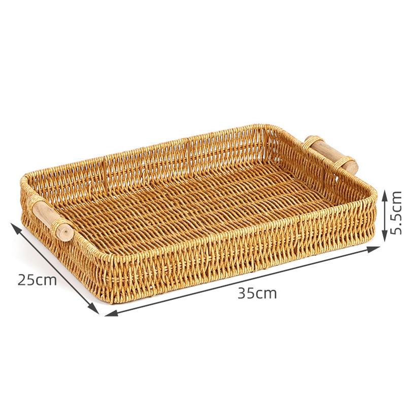 Storage Tray Round Rattan Woven Tray Fruit Breakfast Tea Storage Basket Desktop Sundries Organizer Bread Plates With Wood Handle