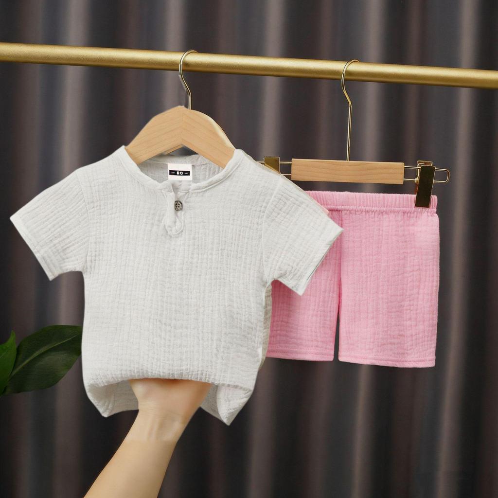 Детский летний комплект шорты и топ из хлопка и льна - Детская двухслойная марля, Свободный костюм-двойка в китайском стиле